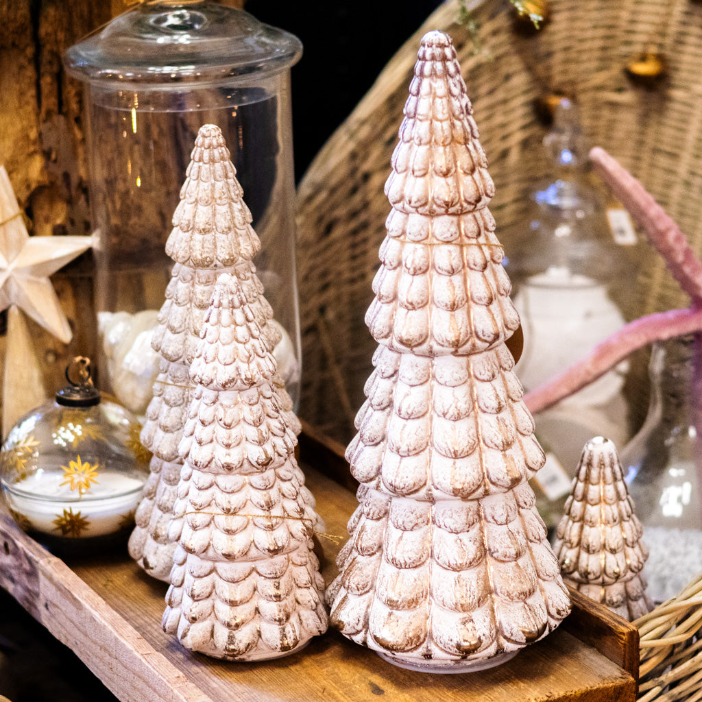 Whitewashed and Gold Ceramic LED Tree with Timer Tall