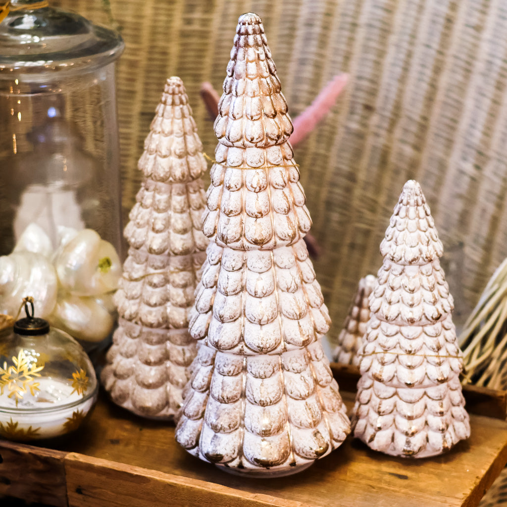 Whitewashed and Gold Ceramic LED Tree with Timer Tall