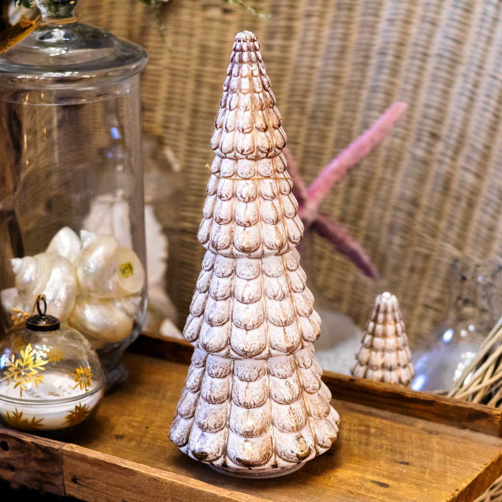 Whitewashed and Gold Ceramic LED Tree with Timer Tall