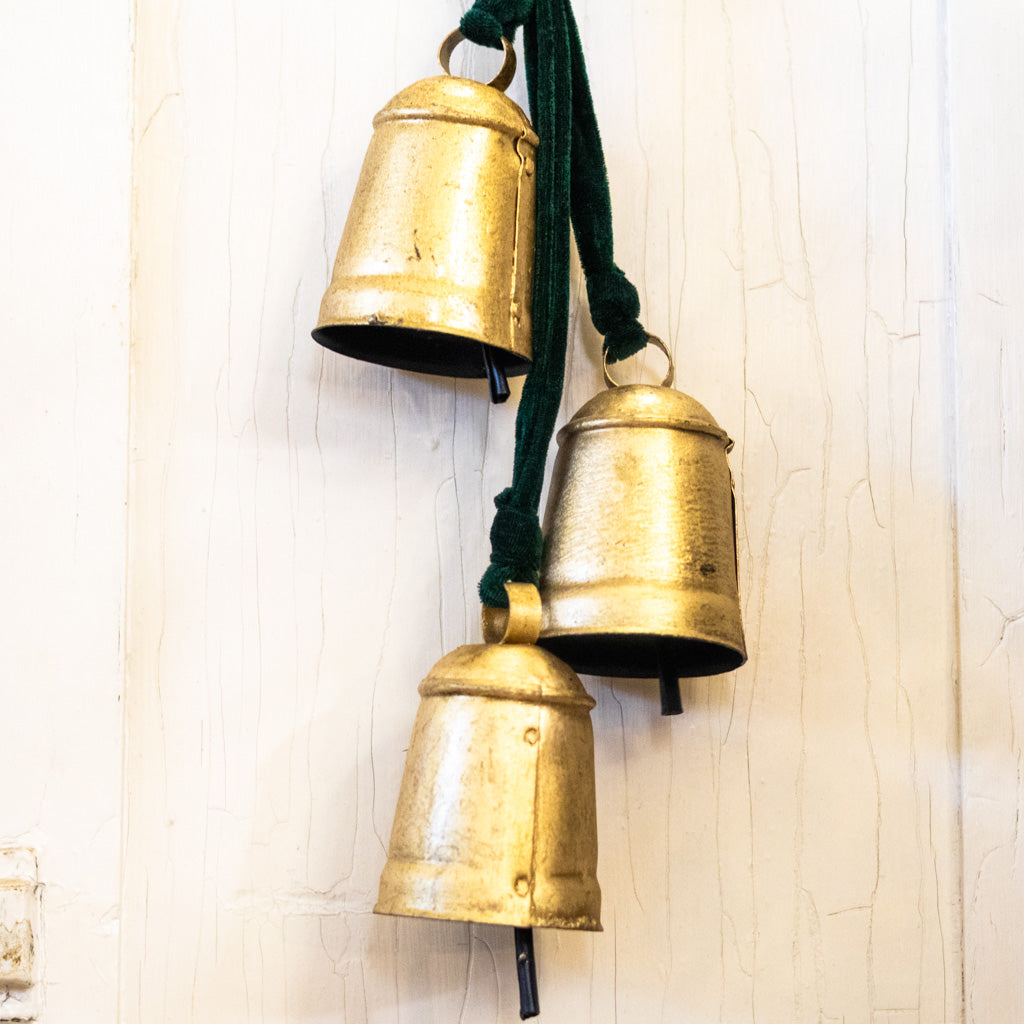 Three Gold Hanging Bells on Green Velvet Ribbon