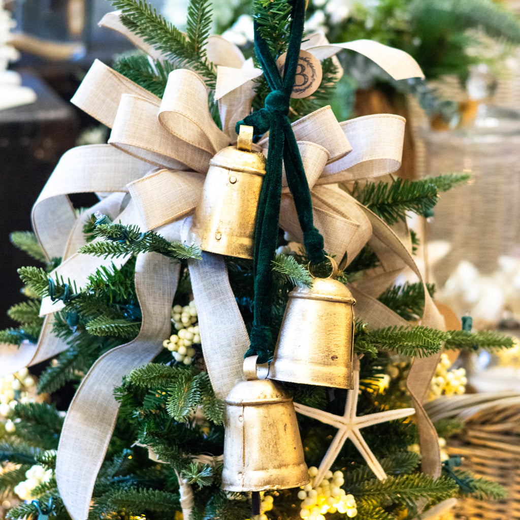 Three Gold Hanging Bells on Green Velvet Ribbon