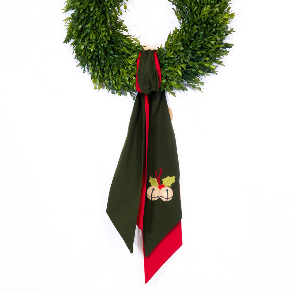 Wreath Green Sash with Embroidered Bells