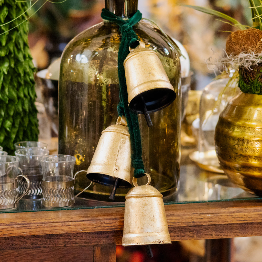 Three Gold Hanging Bells on Green Velvet Ribbon