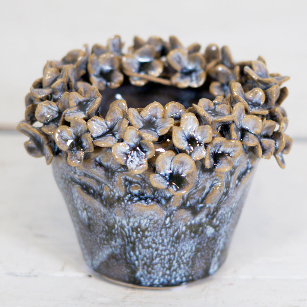 Stoneware Pot Flowered Rim Blue Beige Small