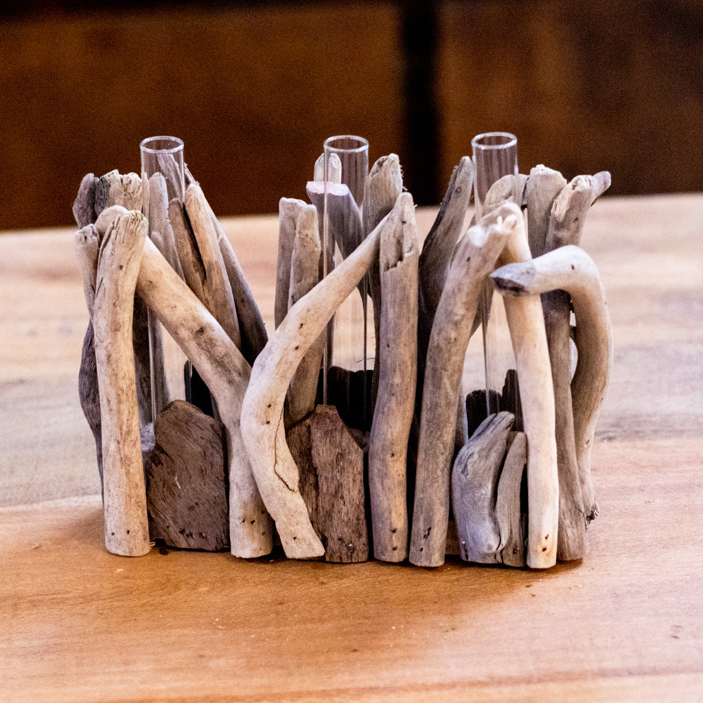 Driftwood Rectangle Shaped Vase with Three Glass Tube Inserts