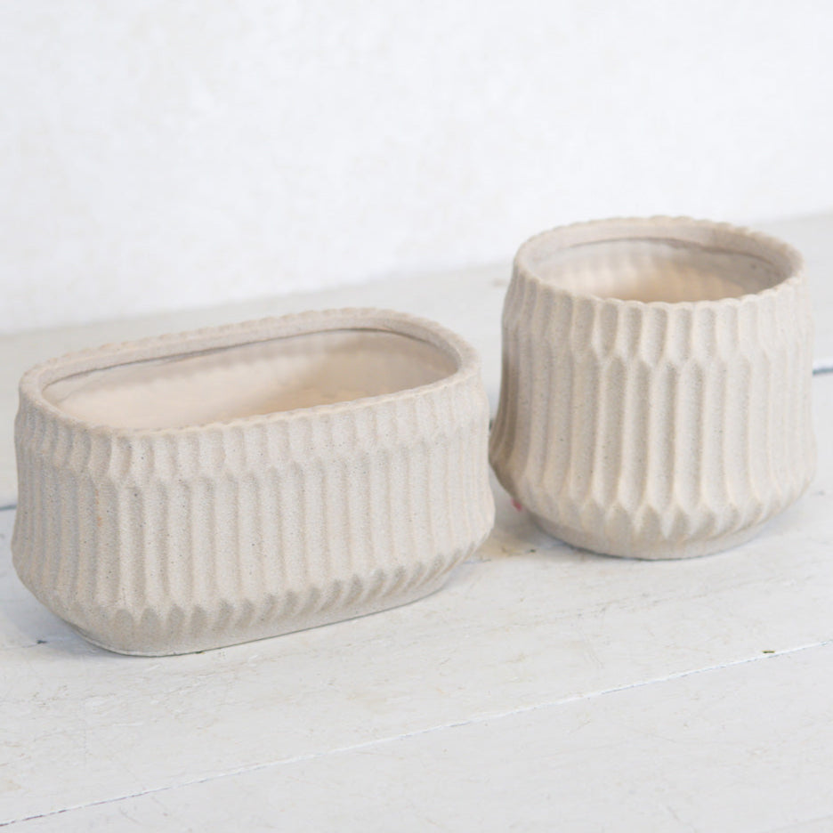 Ribbed Stoneware Planter Beige