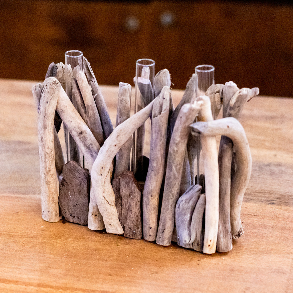 Driftwood Rectangle Shaped Vase with Three Glass Tube Inserts