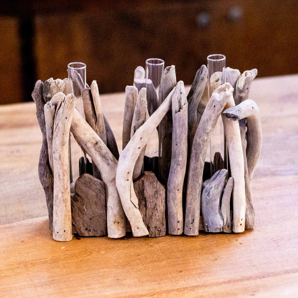 Driftwood Rectangle Shaped Vase with Three Glass Tube Inserts