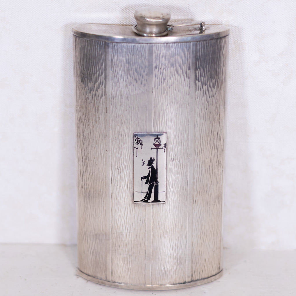 7 3/4" Prohibition Nickel Silver with Silouetter Medallion Flask
