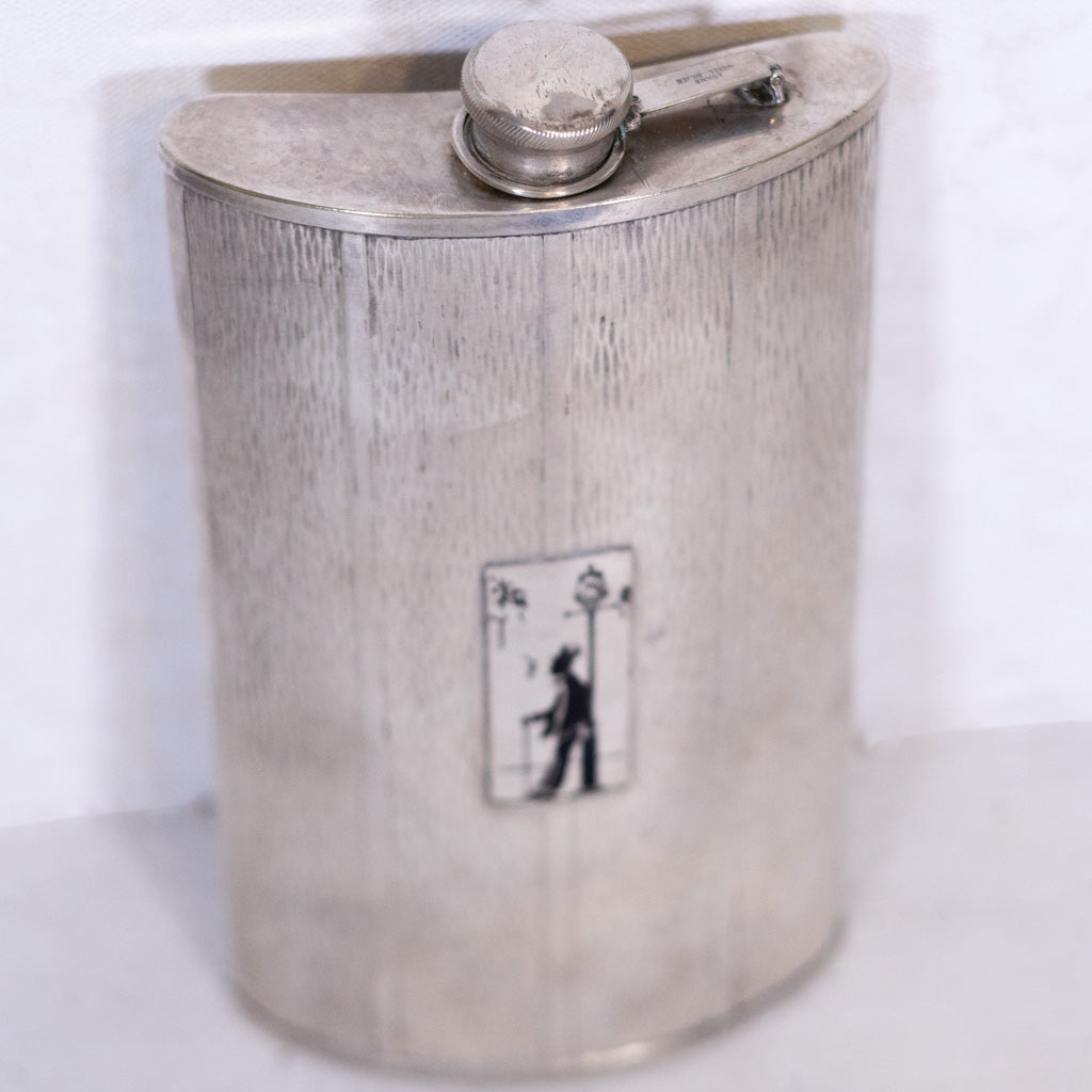 7 3/4" Prohibition Nickel Silver with Silouetter Medallion Flask