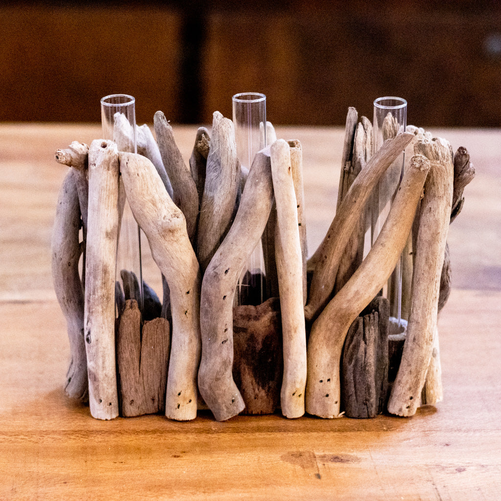 Driftwood Rectangle Shaped Vase with Three Glass Tube Inserts