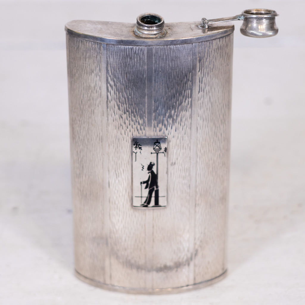 7 3/4" Prohibition Nickel Silver with Silouetter Medallion Flask
