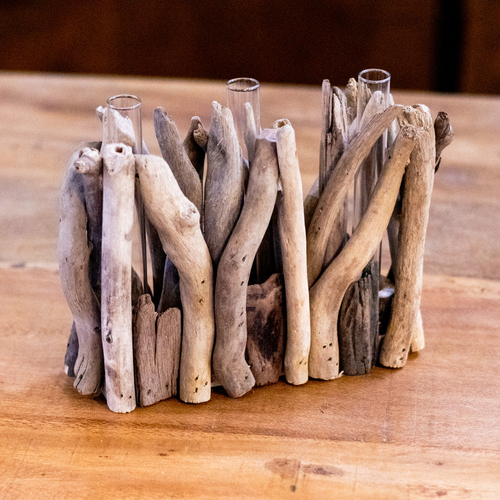 Driftwood Rectangle Shaped Vase with Three Glass Tube Inserts