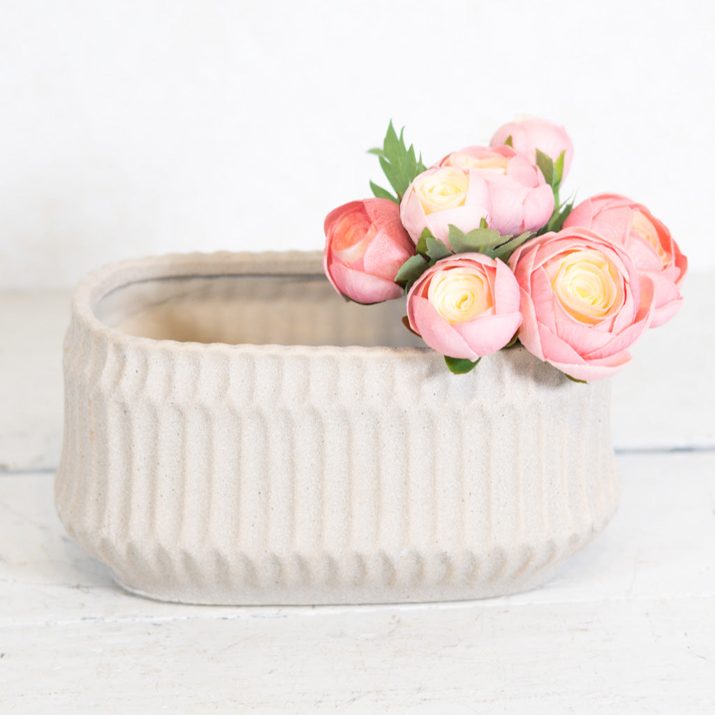 Ribbed Stoneware Planter Beige