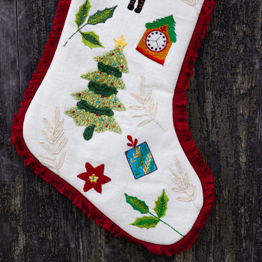 Embroidered Cotton White Nutcracker Stocking