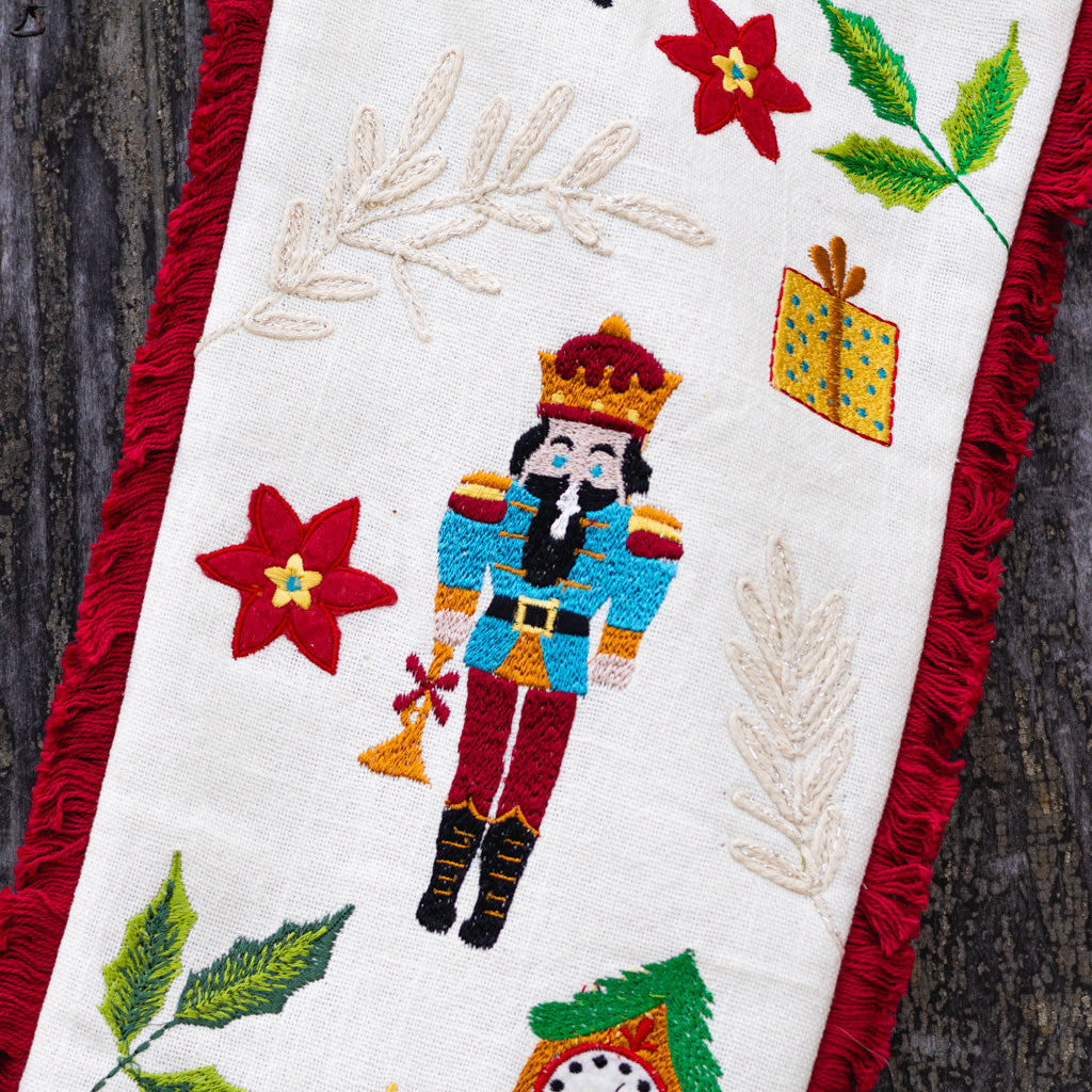 Embroidered Cotton White Nutcracker Stocking