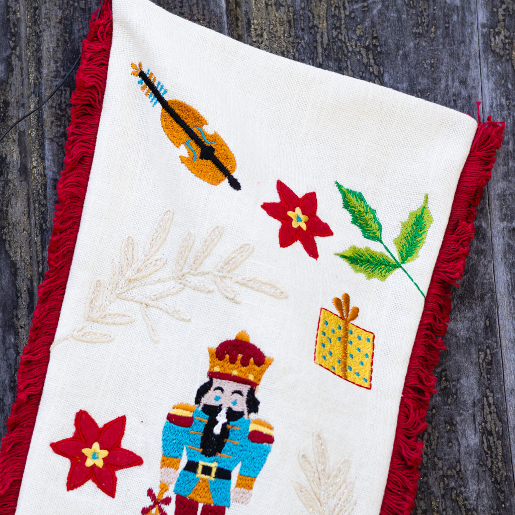 Embroidered Cotton White Nutcracker Stocking