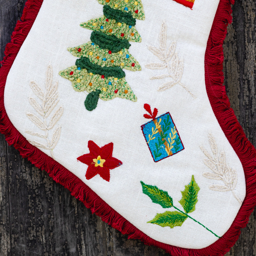 Embroidered Cotton White Nutcracker Stocking