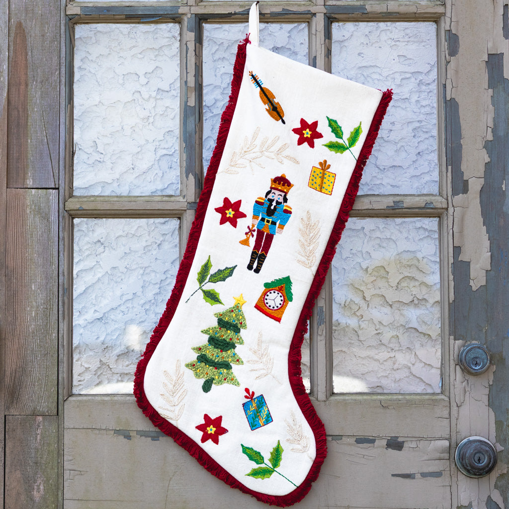 Embroidered Cotton White Nutcracker Stocking