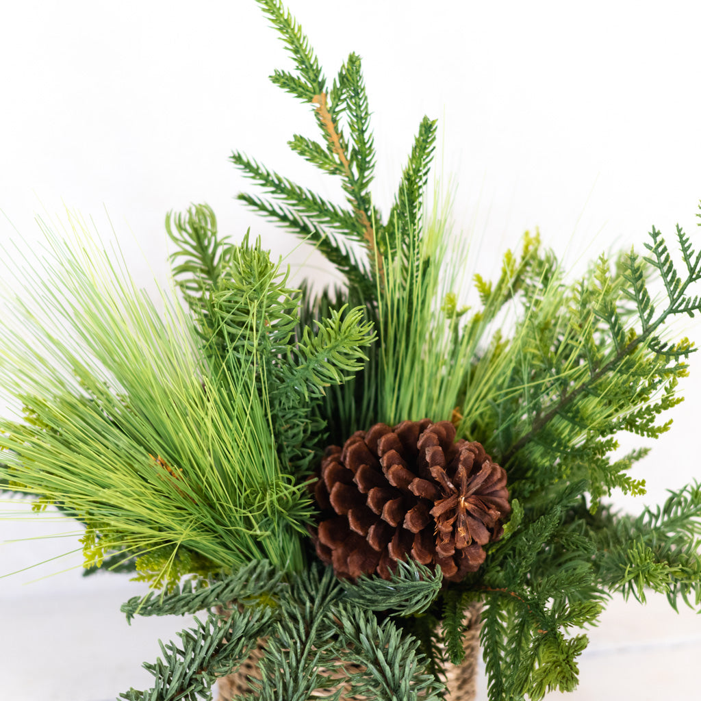 Mixed Pine with Pinecones in Woven Basket