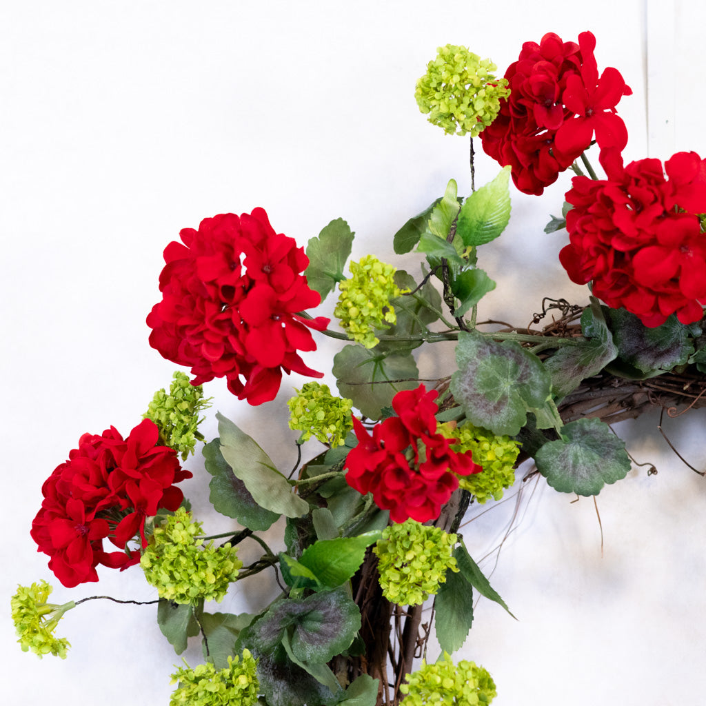 Red Geranium Wreath on Grapevine