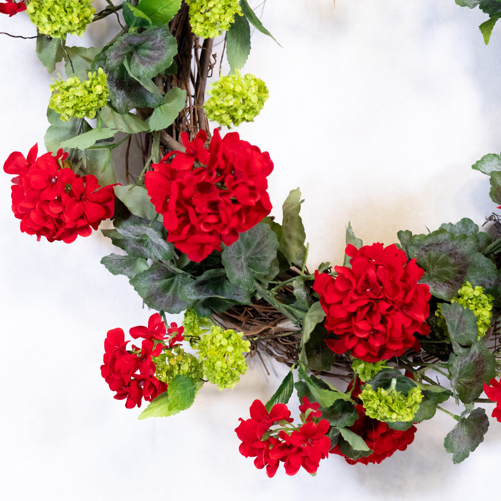 Red Geranium Wreath on Grapevine