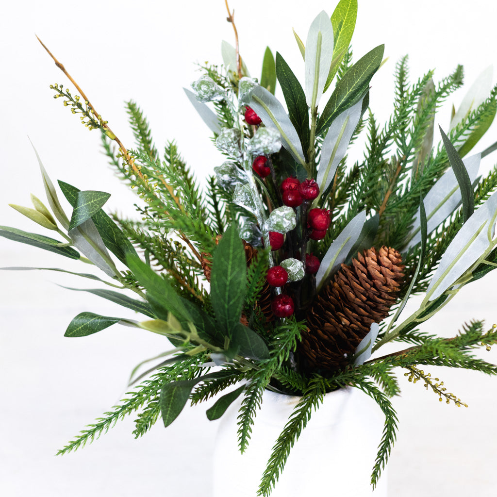 Mixed Pine Berries Eucalyptus in White Wood Vase