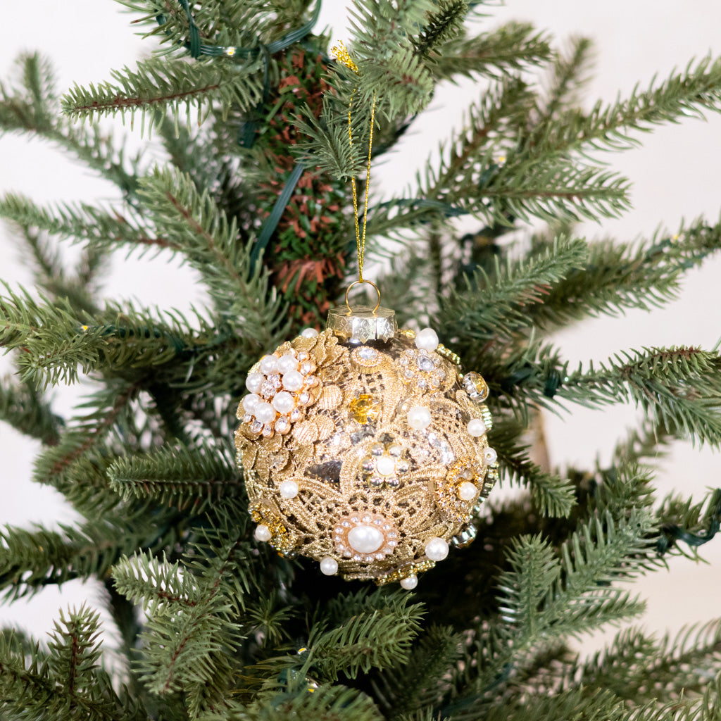 Glass Antique Silver with Florals Pearls Gems Ball
