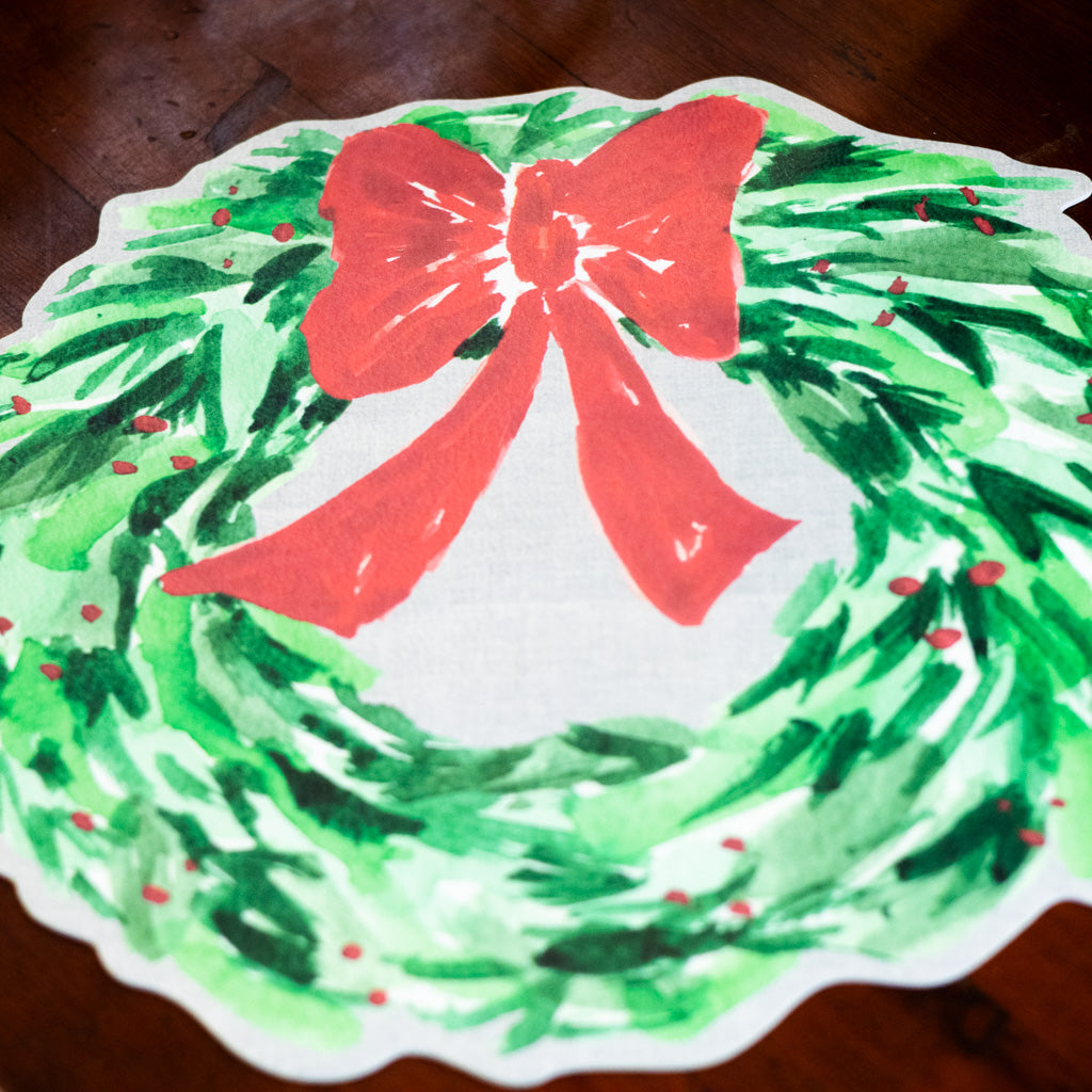 Christmas Wreath with Red Bow Vinyl Placemat