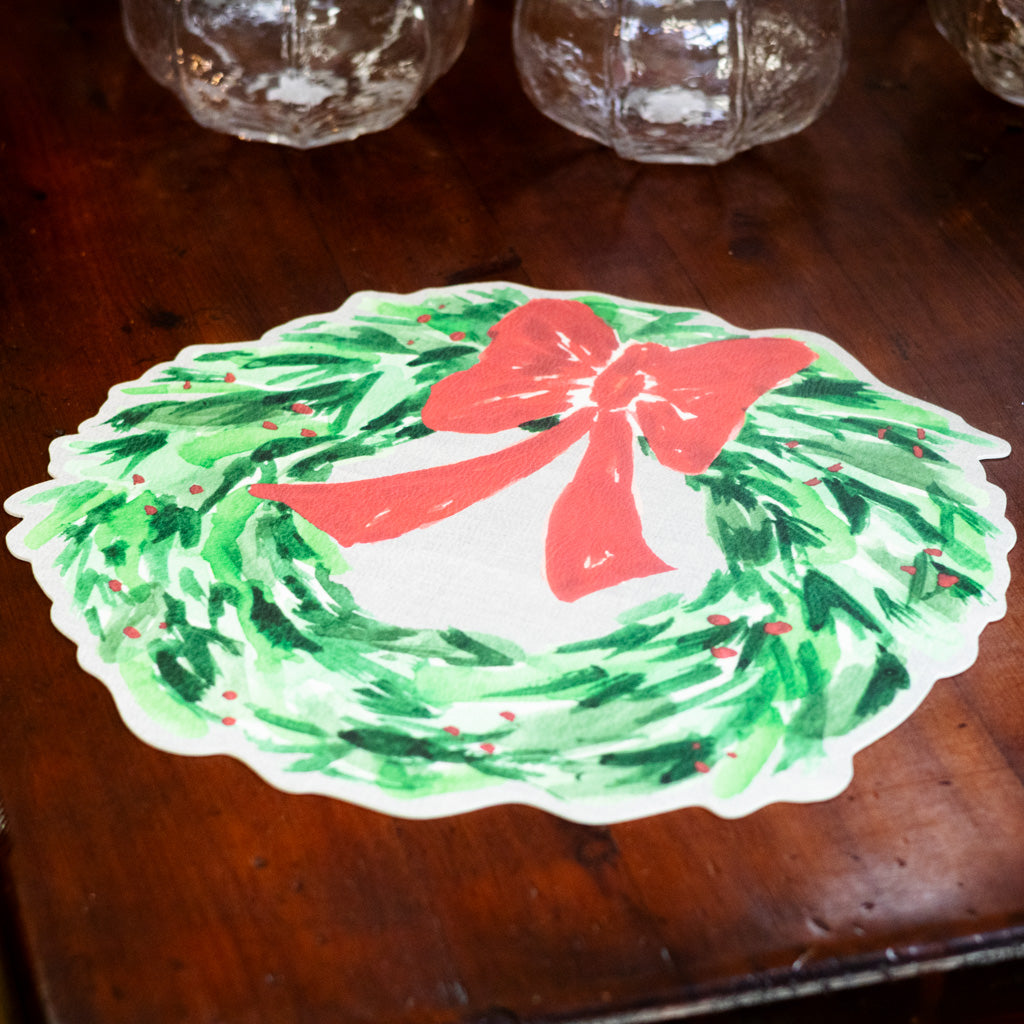 Christmas Wreath with Red Bow Vinyl Placemat