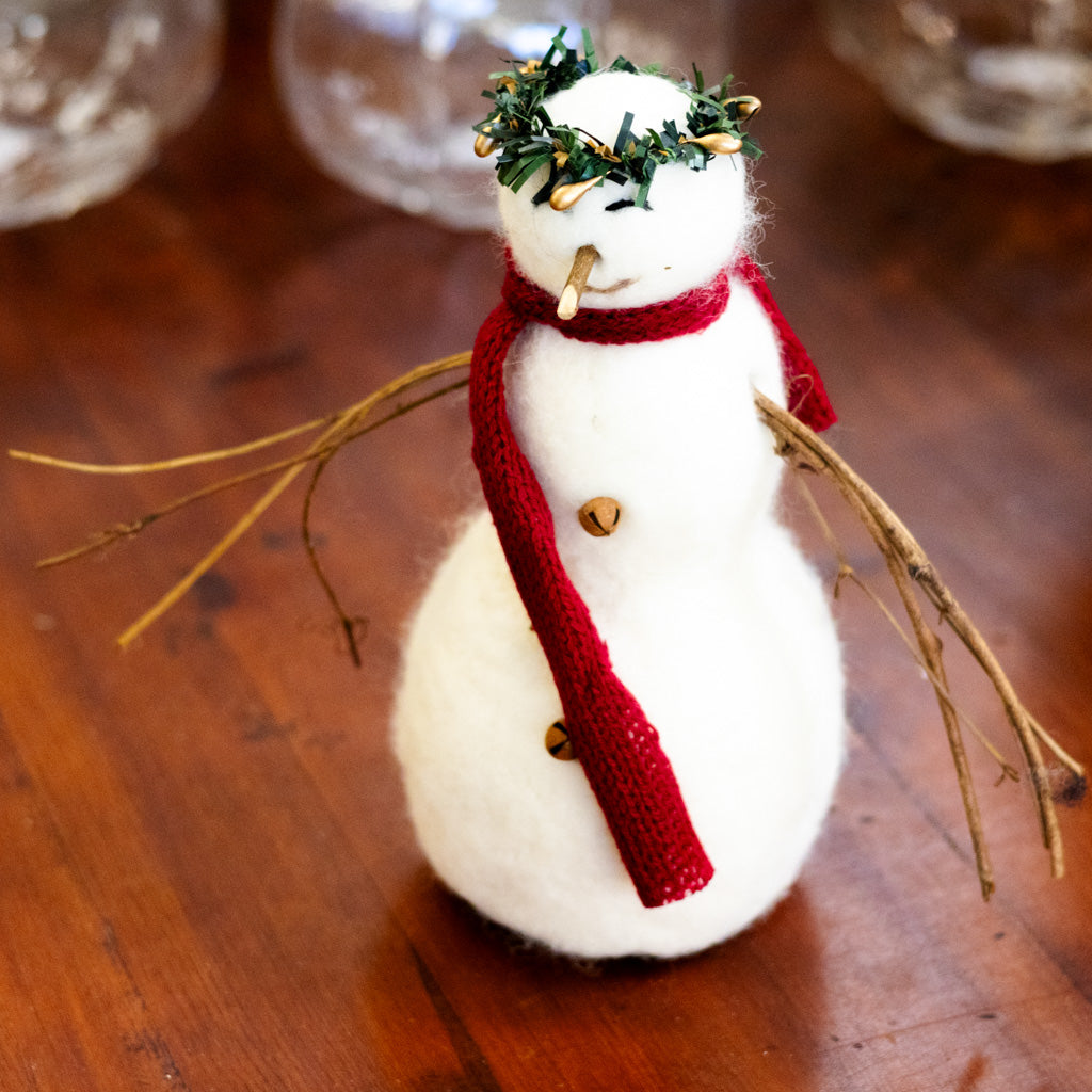 Wool Snowman with Twig Arms and Wreath Crown