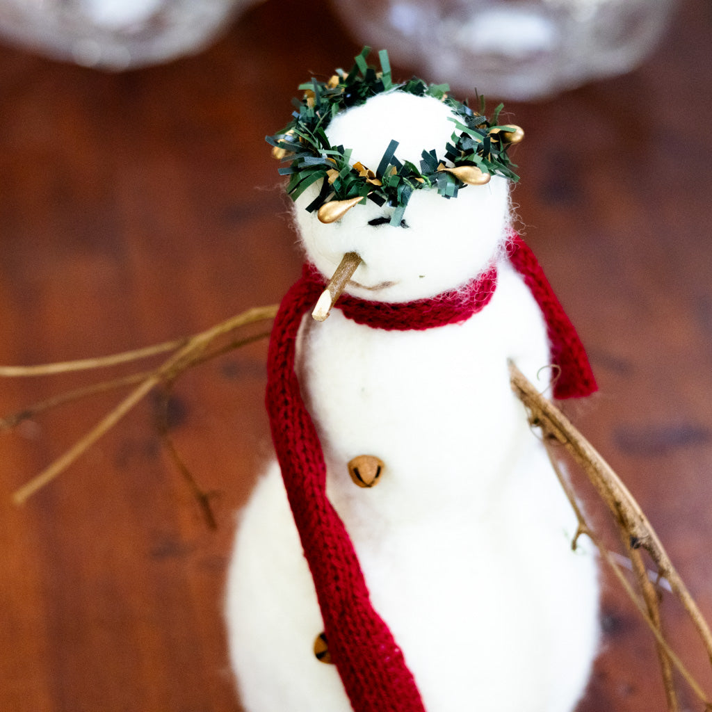 Wool Snowman with Twig Arms and Wreath Crown