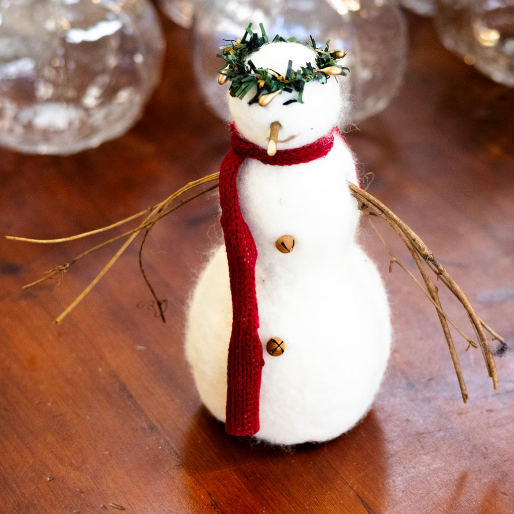 Wool Snowman with Twig Arms and Wreath Crown