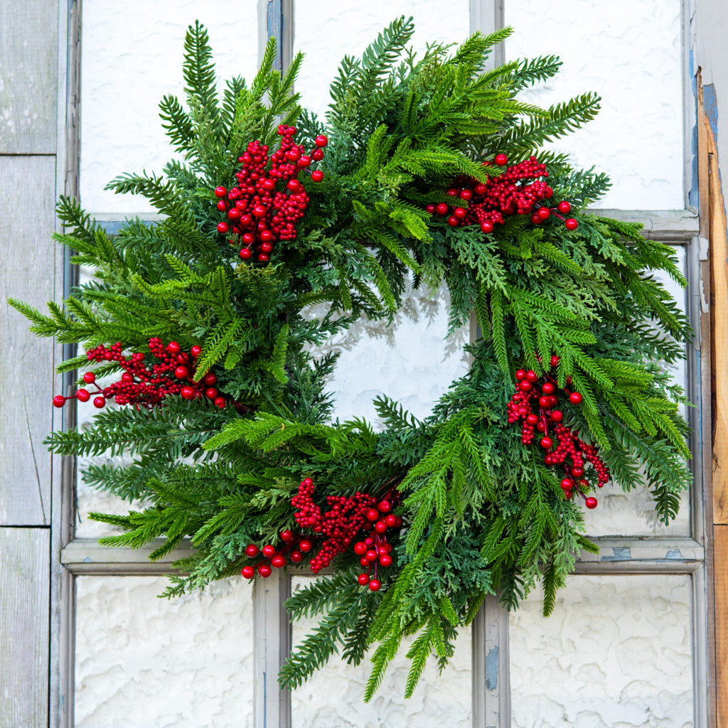 24" D Bramble Red Berry and Evergreen Wreath