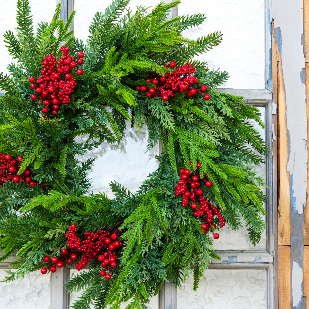 24" D Bramble Red Berry and Evergreen Wreath