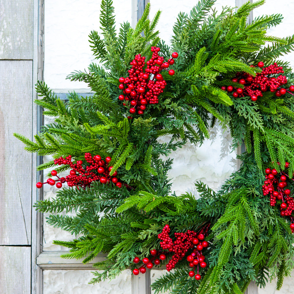 24" D Bramble Red Berry and Evergreen Wreath