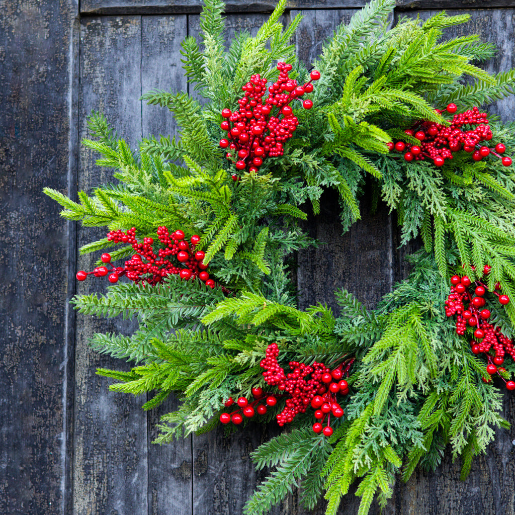 24" D Bramble Red Berry and Evergreen Wreath