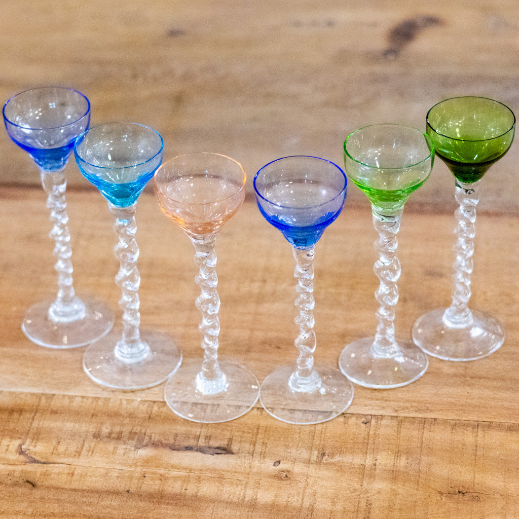 Set of Six Handblown "Barley Twist" Liqueur Glasses