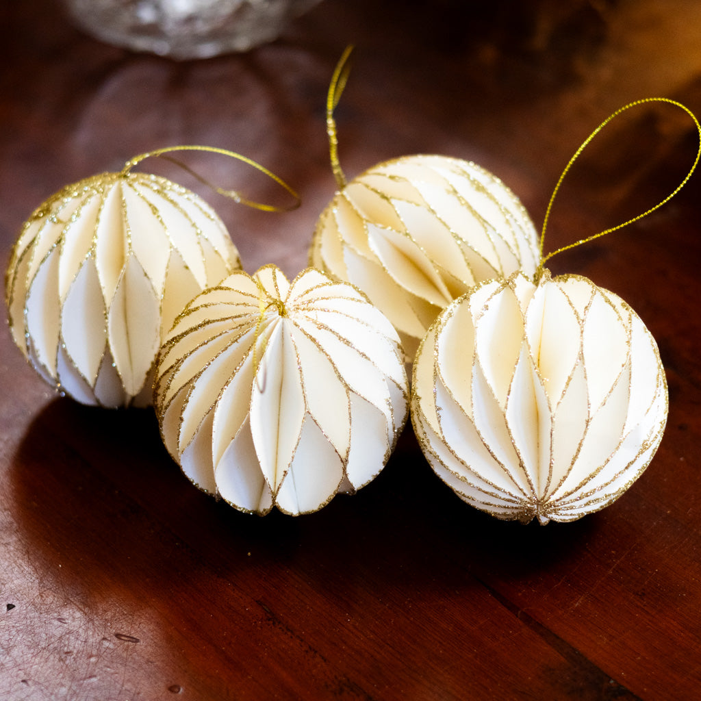 Box of 4 White with Gold Glitter Round Ornaments