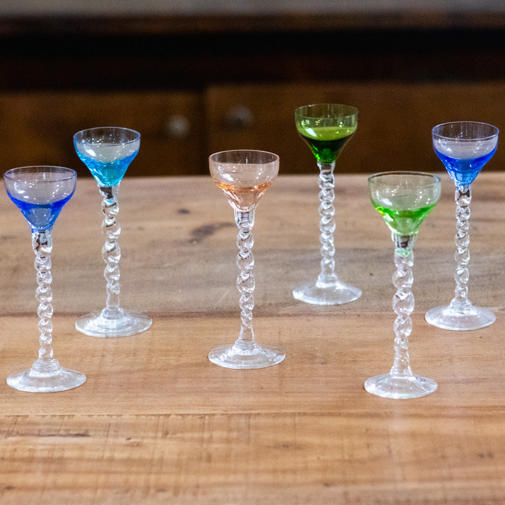 Set of Six Handblown "Barley Twist" Liqueur Glasses