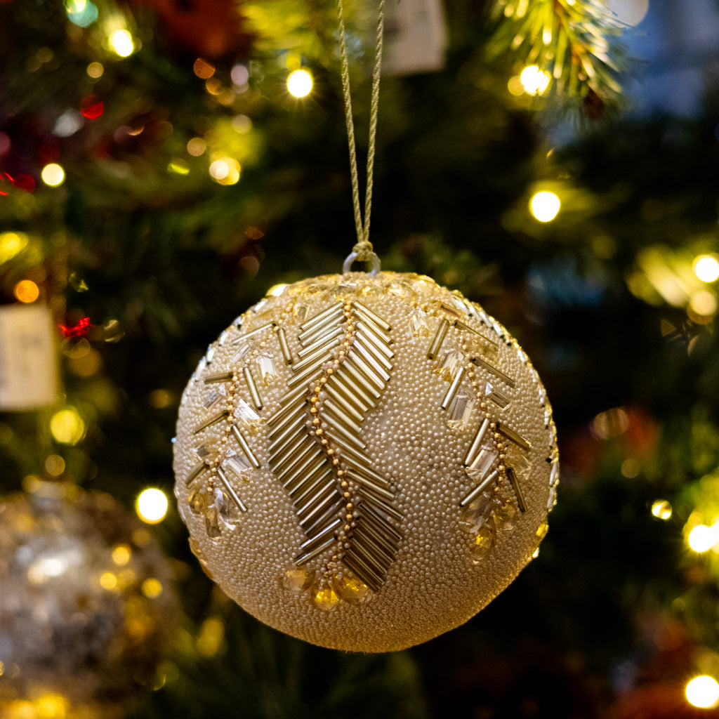 Champagne Beaded Feathers with Jewels Ball Ornament