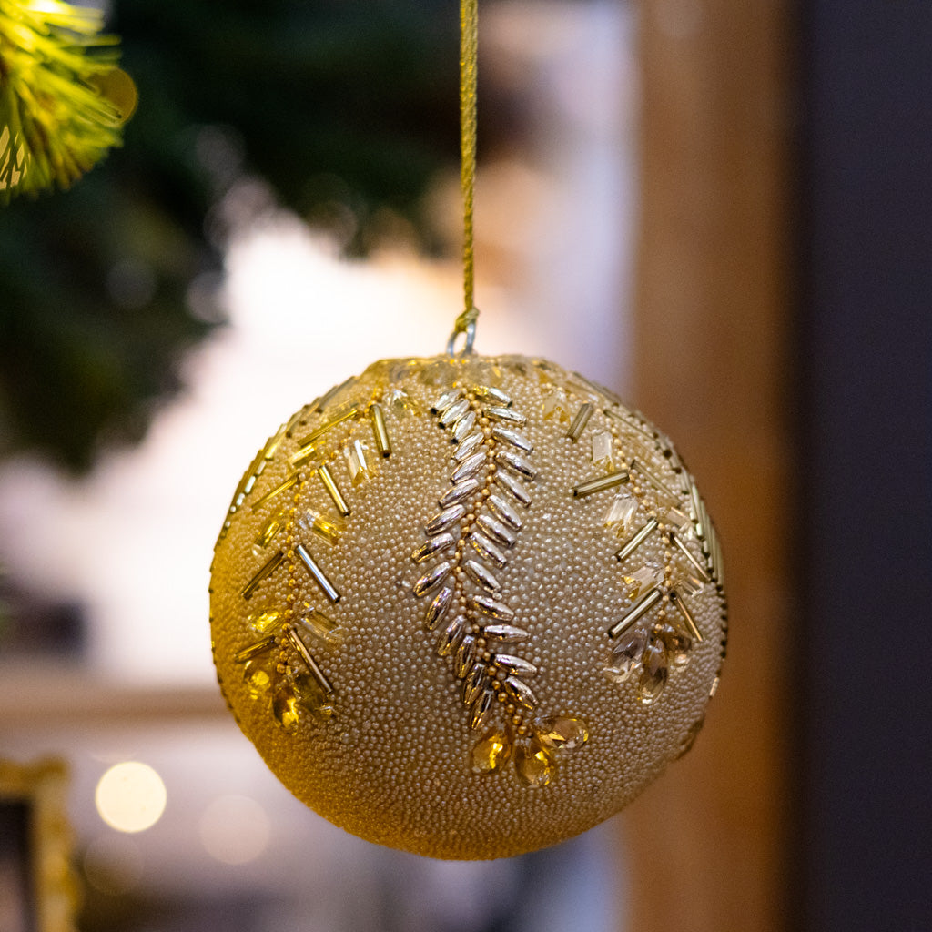 Champagne Beaded Feathers with Jewels Ball Ornament