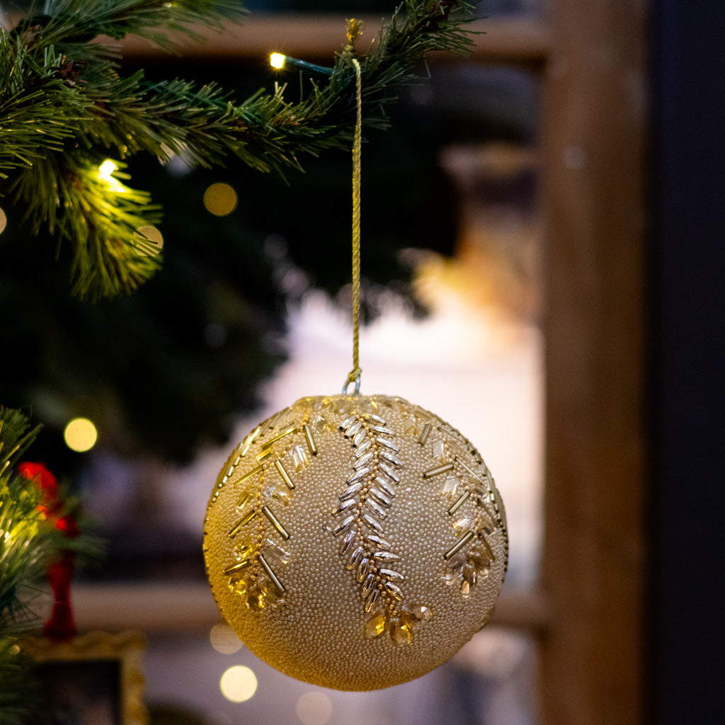 Champagne Beaded Feathers with Jewels Ball Ornament