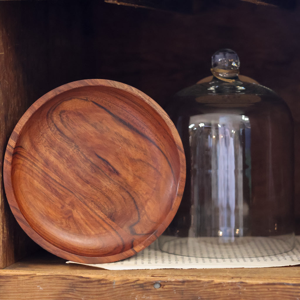 Set of Glass Cloche and Wooden Plate