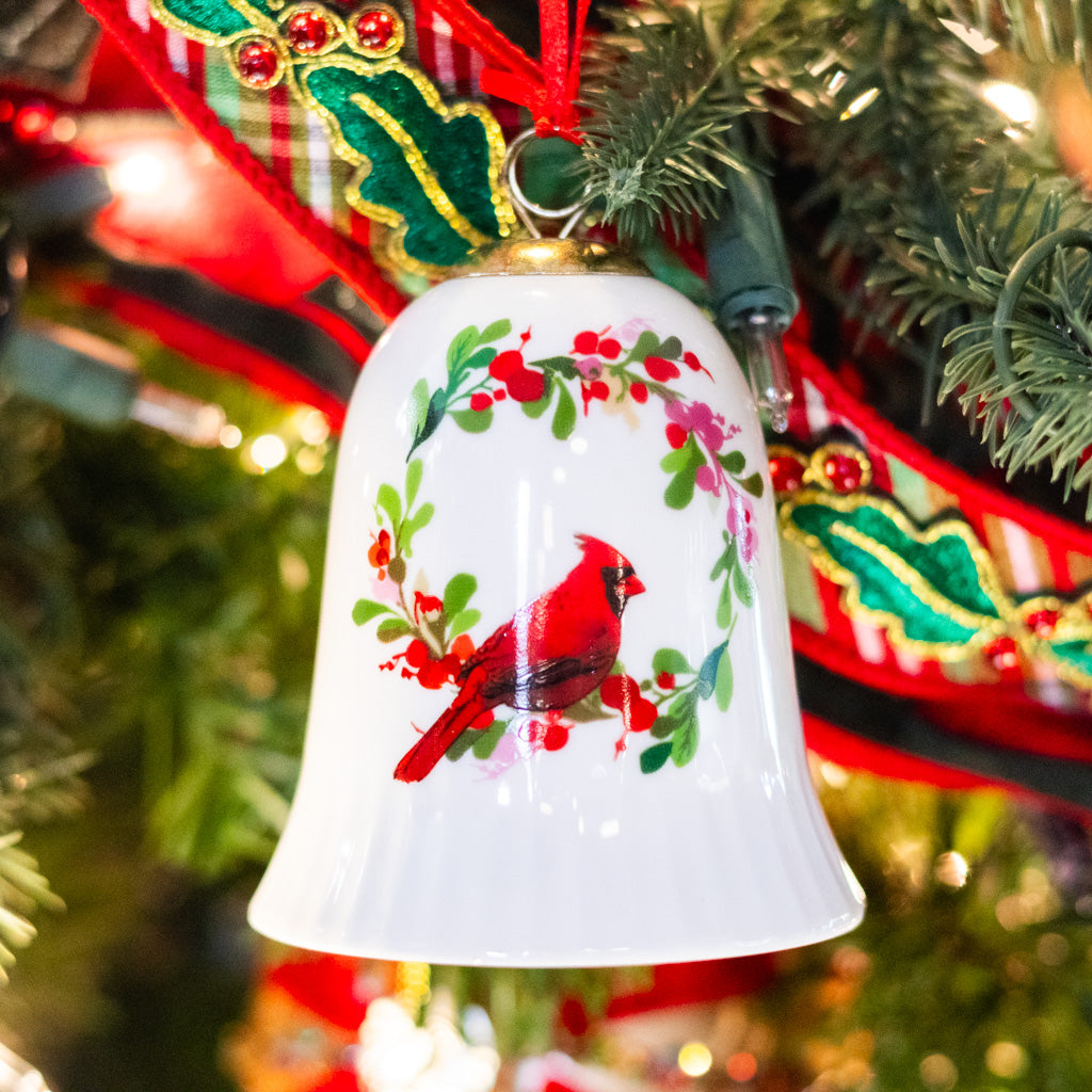 Porcelain Cardinal in Flower Vine Bell Ornament