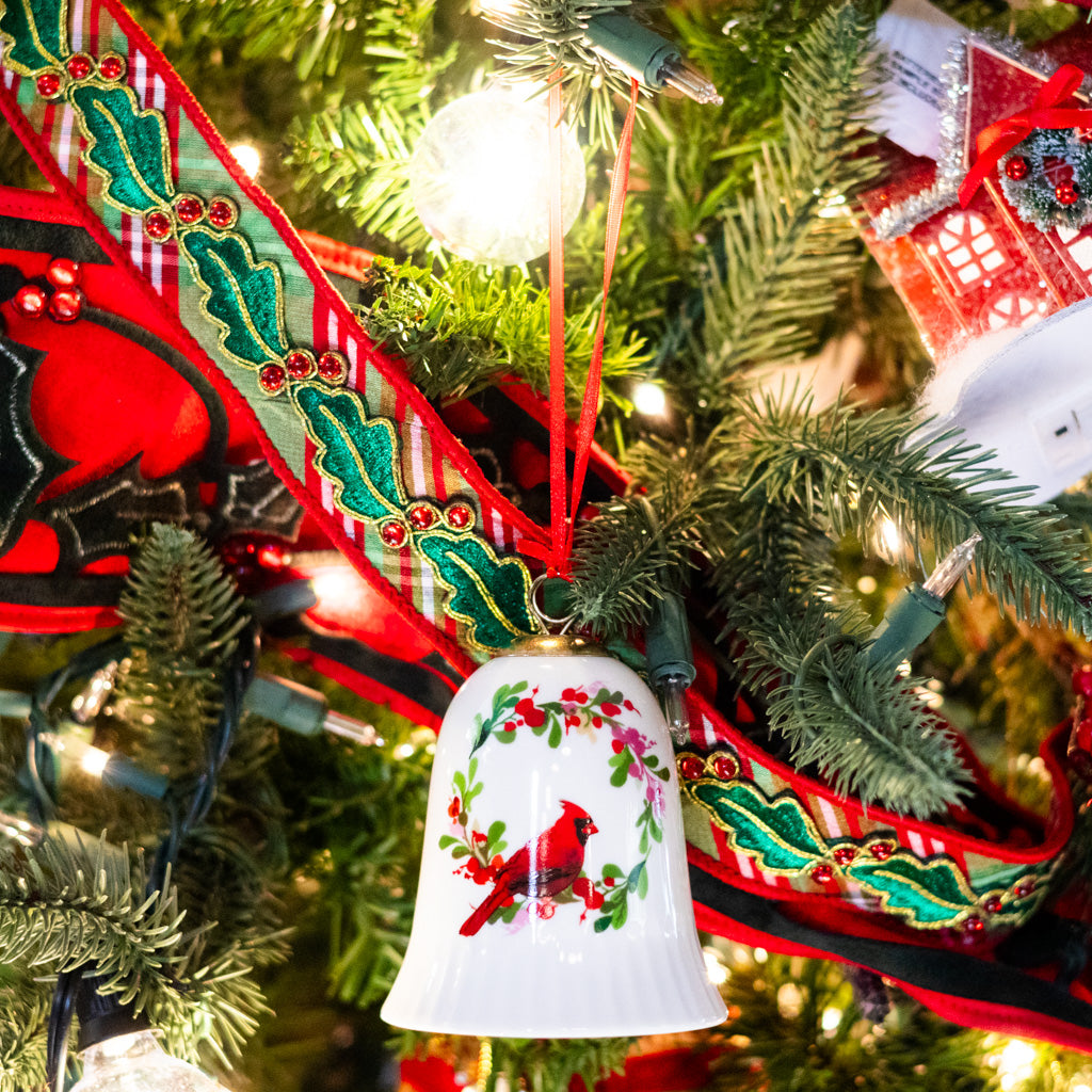 Porcelain Cardinal in Flower Vine Bell Ornament