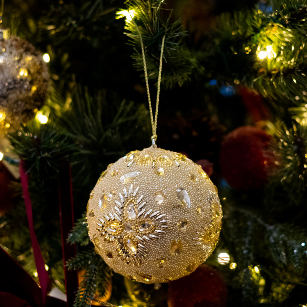 Champagne Beaded Flowers with Jewels Ball Ornament