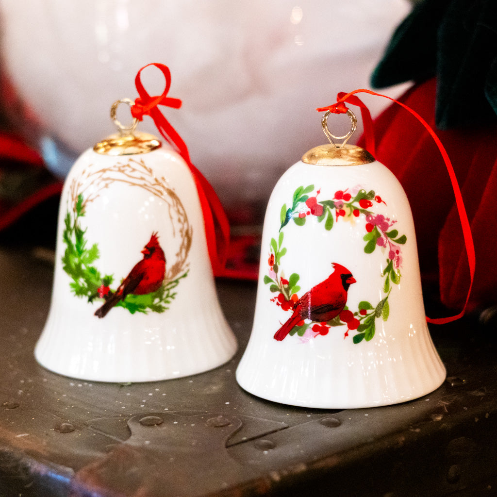 Porcelain Cardinal in Flower Vine Bell Ornament