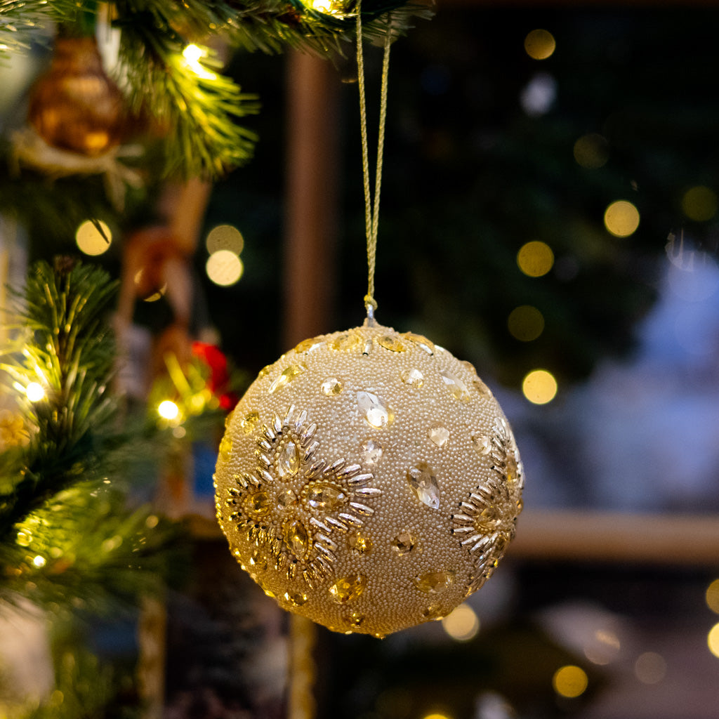 Champagne Beaded Flowers with Jewels Ball Ornament