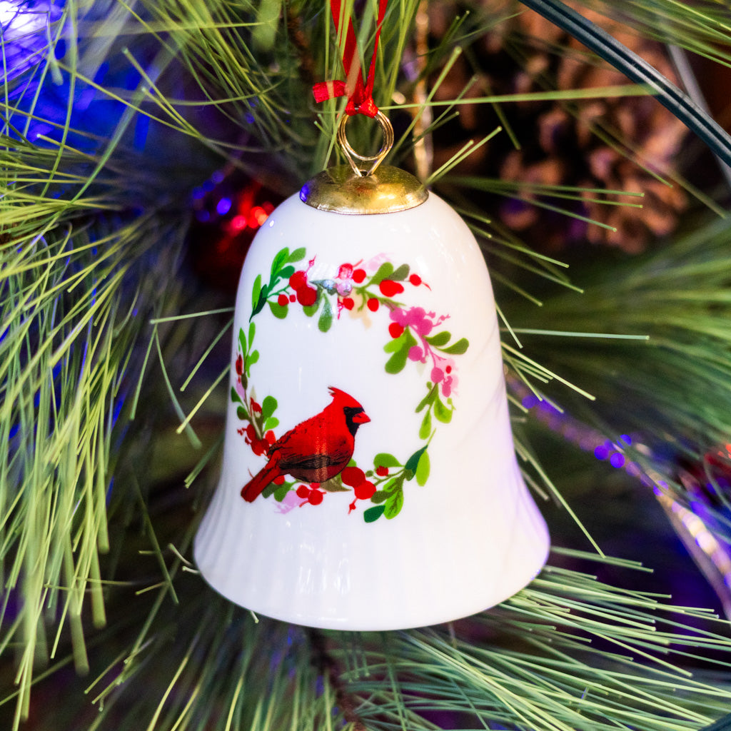 Porcelain Cardinal in Flower Vine Bell Ornament